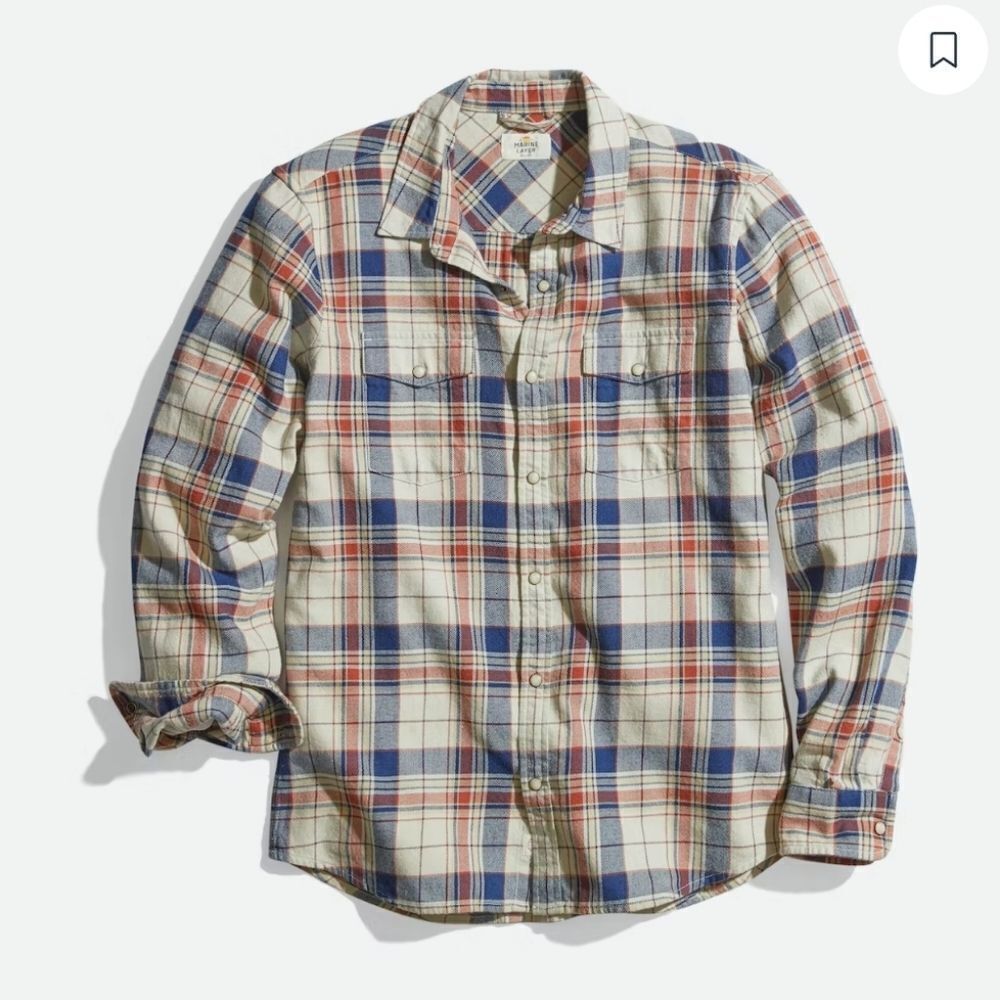Marine Layer Indigo Western Shirt Beige Indigo Plaid